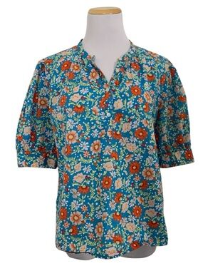 Loft Outlet Floral Puff Sleeve Top Womens M V Neck Button Popover Cotton